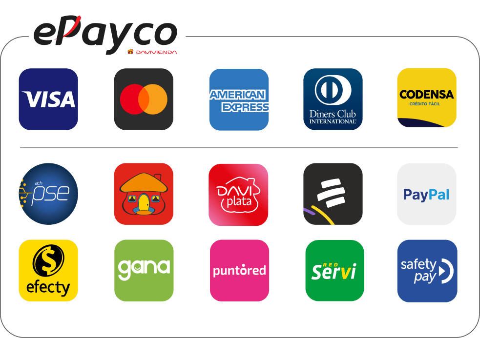 Botón de pago ePayco extendido con medios de pago, versión blanca