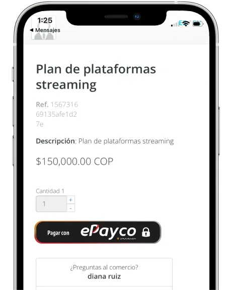 Página de cobro de ePayco en el celular: Plan de plataformas streaming, $150.000 COP, botón Pagar con ePayco