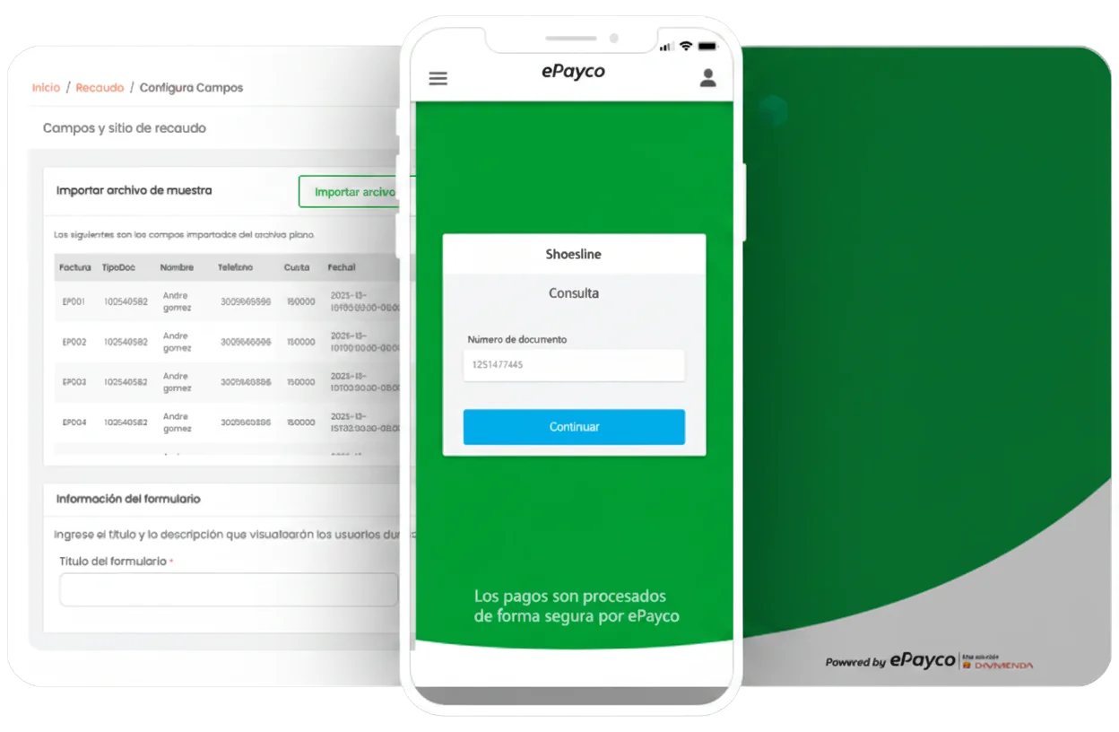 Panel de ePayco Recaudo con la página pública de consulta y pago en el celular