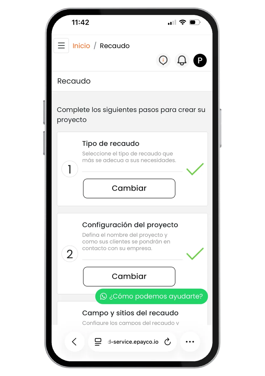 App de ePayco con los pasos para crear un proyecto de Recaudo