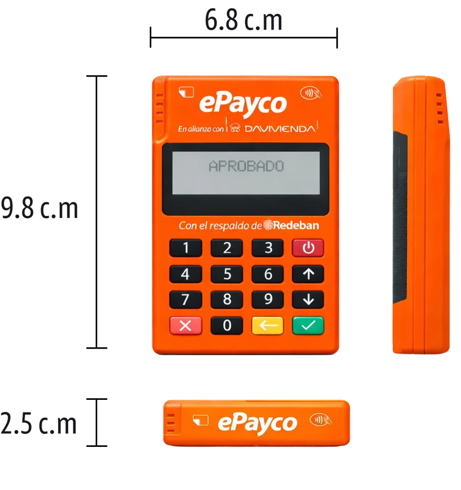 Medidas del datáfono ePayco: 9,8 cm de alto, 6,8 cm de ancho y 2,5 cm de grosor